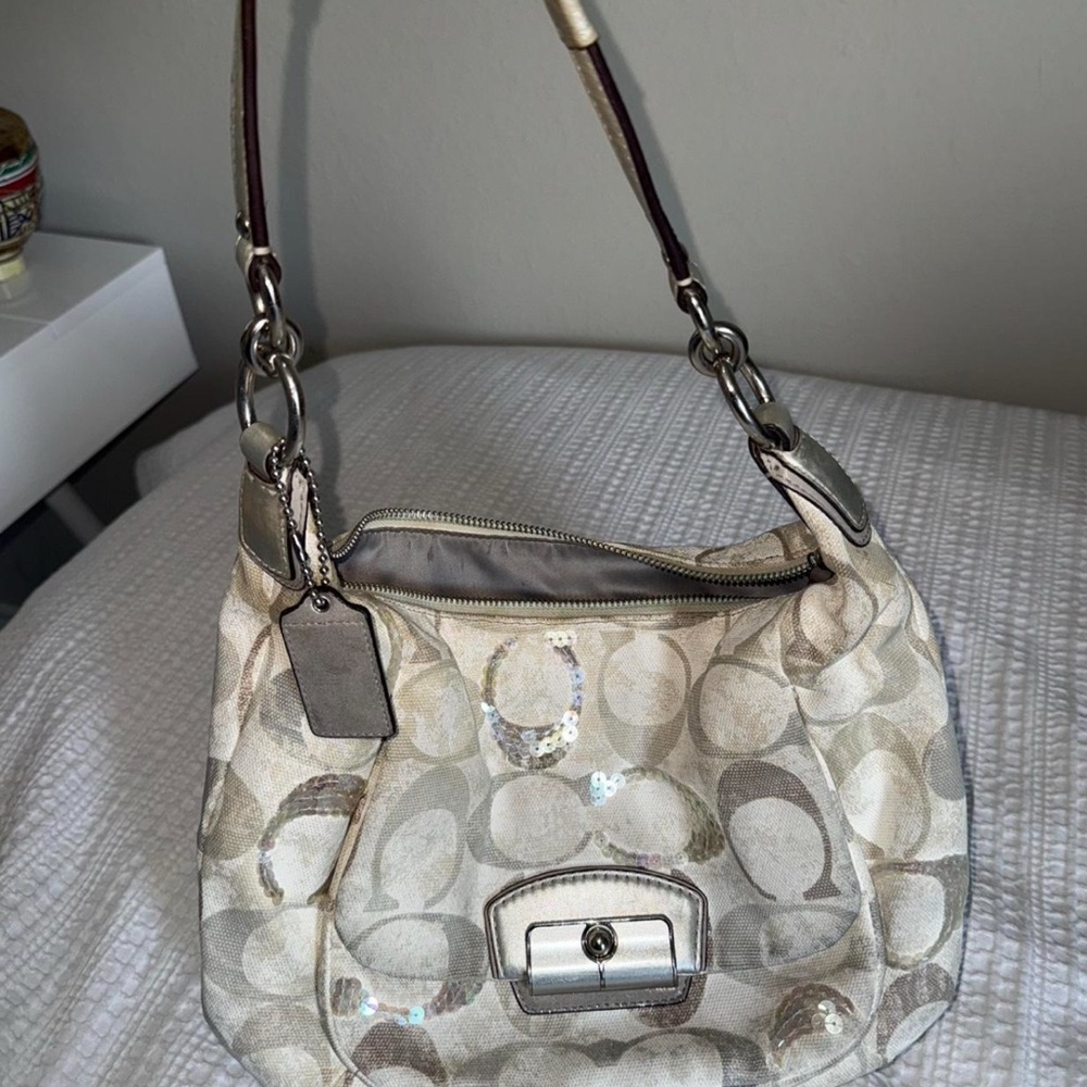Coach Cream and Silver Shoulder Bag with Signature Style
